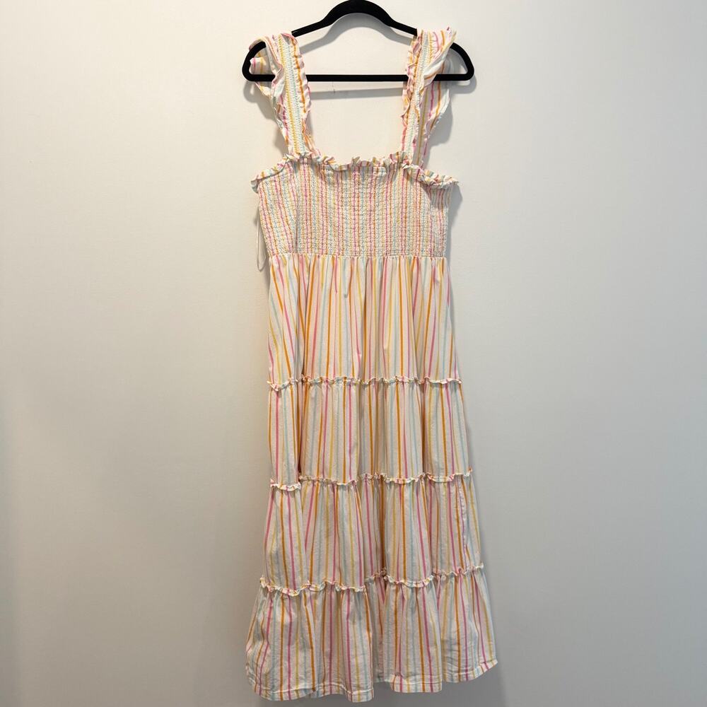 Crown & Ivy Women's Large Smocked Ruffle Strap Tiered Striped Midi Dress